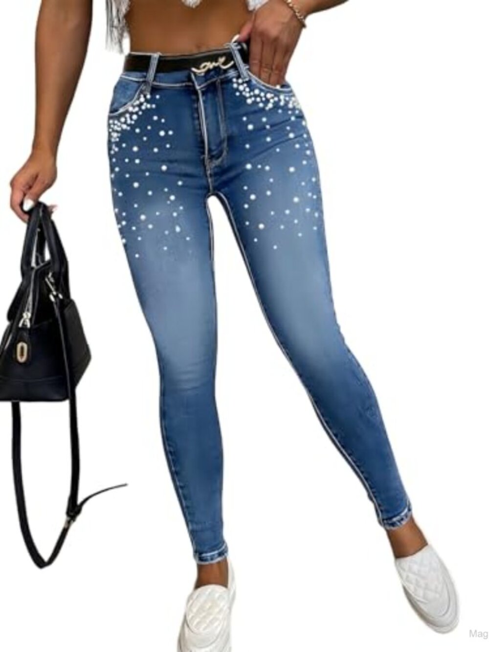 High Waisted Stretchy Skinny Pearl Embellished Denim Jeans